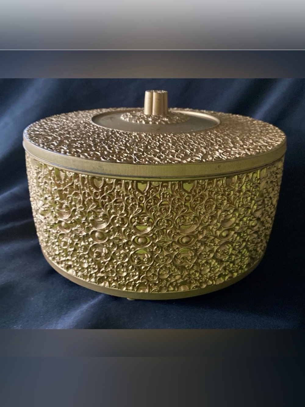 Vintage MCM Ornate Gold Hollywood Regency Round Lidded Storage Sewing Box